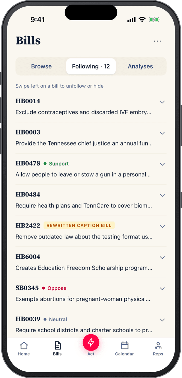 Bills you follow in the Conservative States app, each with its Support, Oppose, or Neutral recommendation