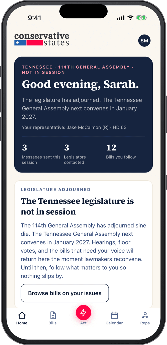 The Conservative States app home screen, with your session stats and bills to watch