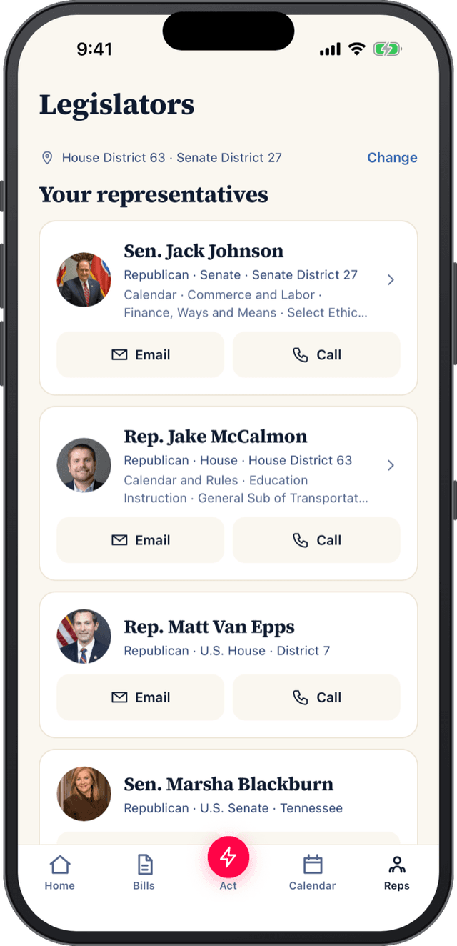 Your state and federal legislators in the app, each with Email and Call buttons
