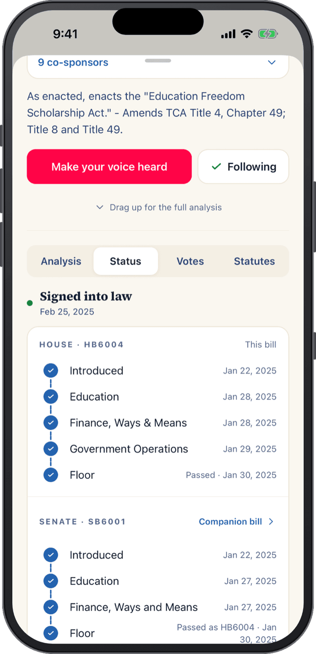 A bill's status timeline through each chamber, from introduction to signed into law