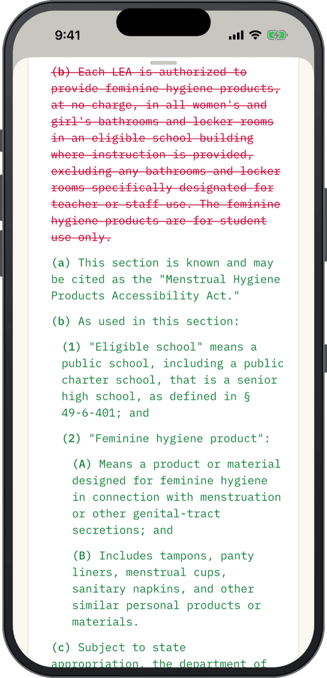 A statute redline in the app: struck-through text the bill removes, green text it adds